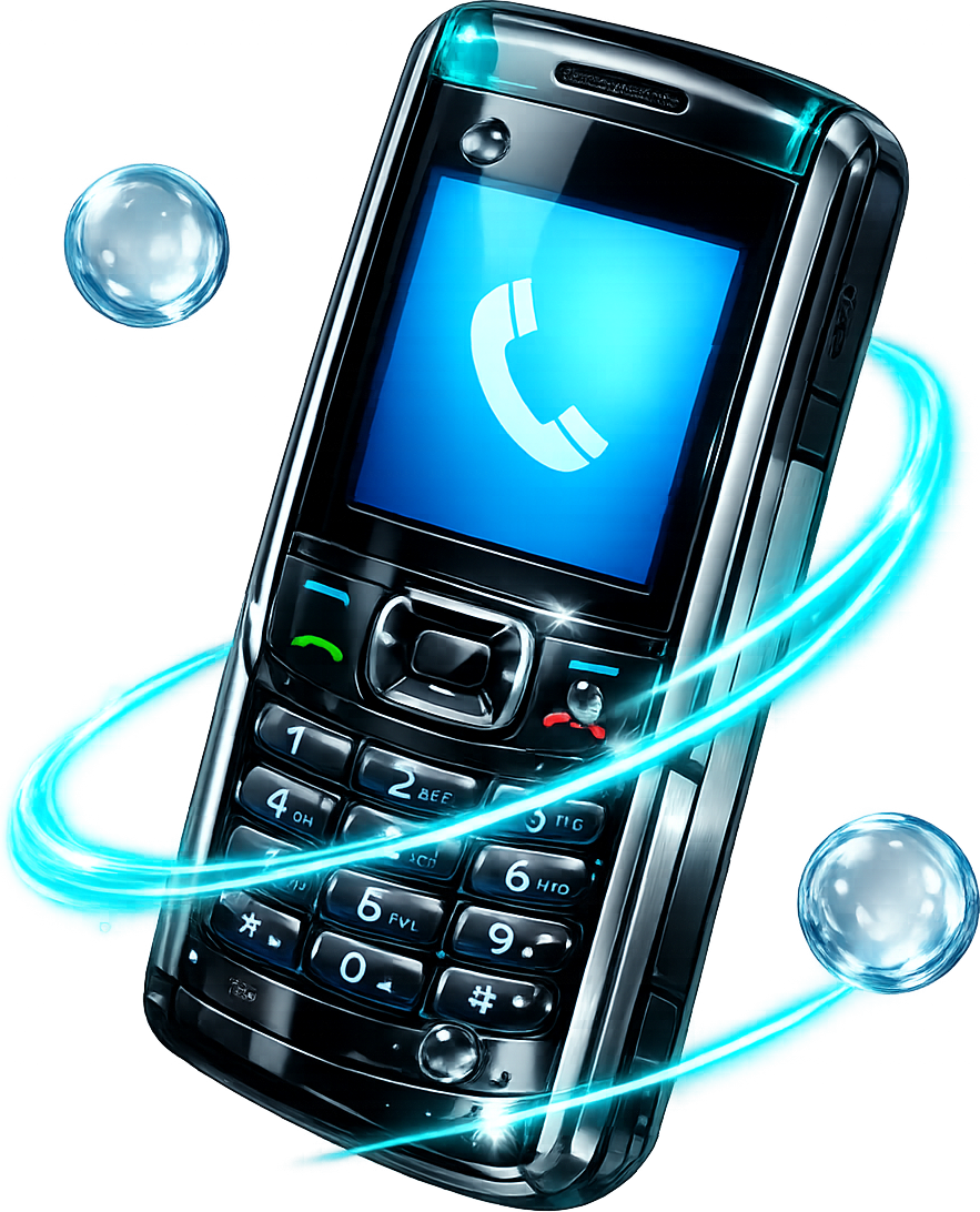 A glossy black and silver mobile phone with a glowing blue screen, wrapped in a ribbon of cyan light